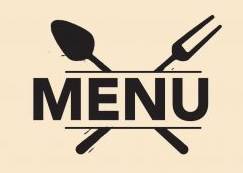 Skrzyżowana łyżka z widelcem, na nich napis "Menu".
