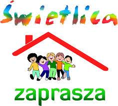 Na górze jest napis Świetlica, niżej czerwony dach, pod którym stoi grupa dzieci, niżej jest napis "zaprasza".
