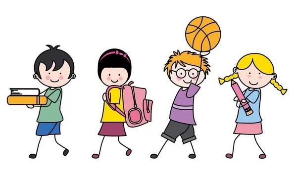 Dzieci idące do szkoły. Mają książki, plecak, piłkę i długopis.